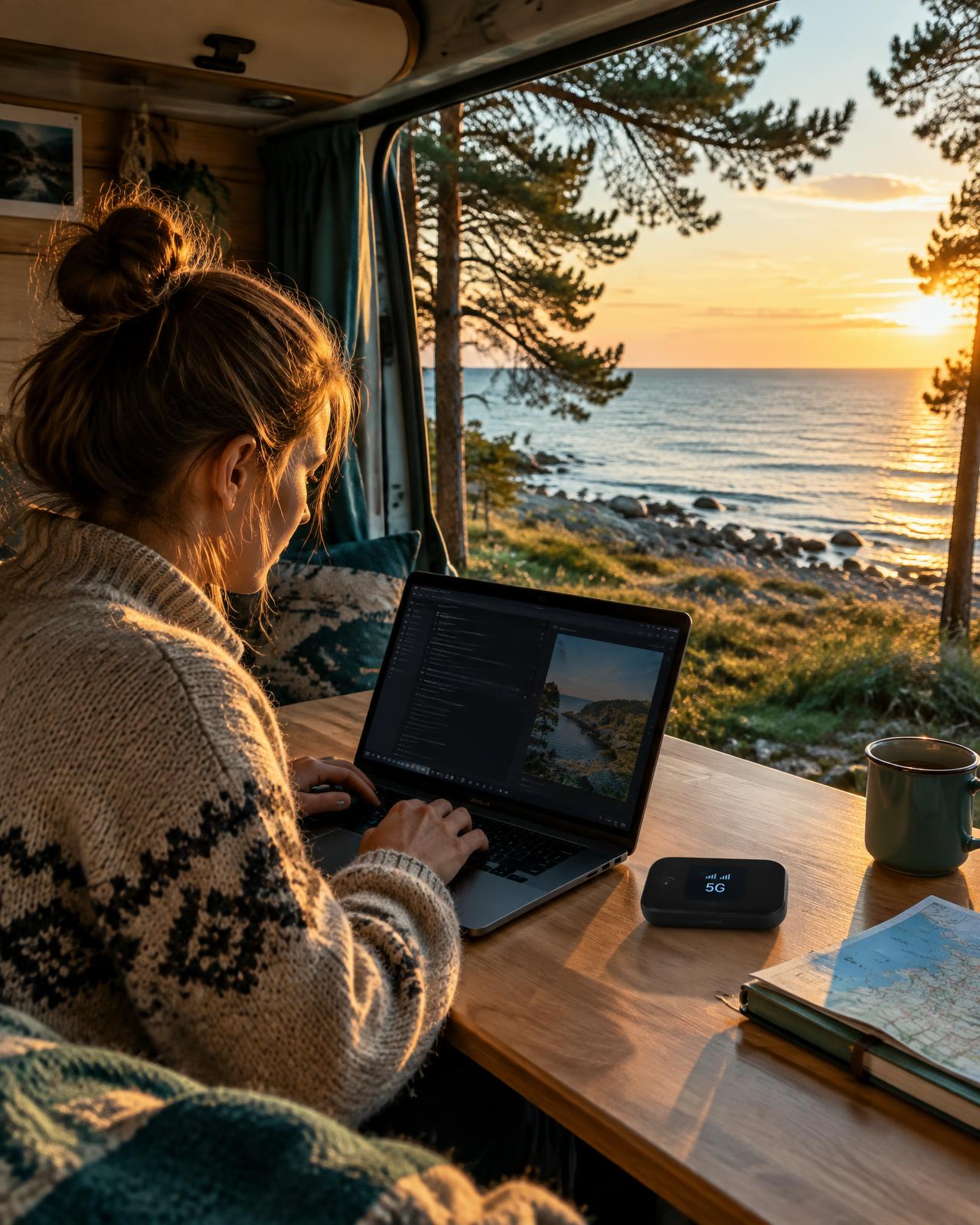 Remote work from a camper van on the Baltic coast with a 5G hotspot